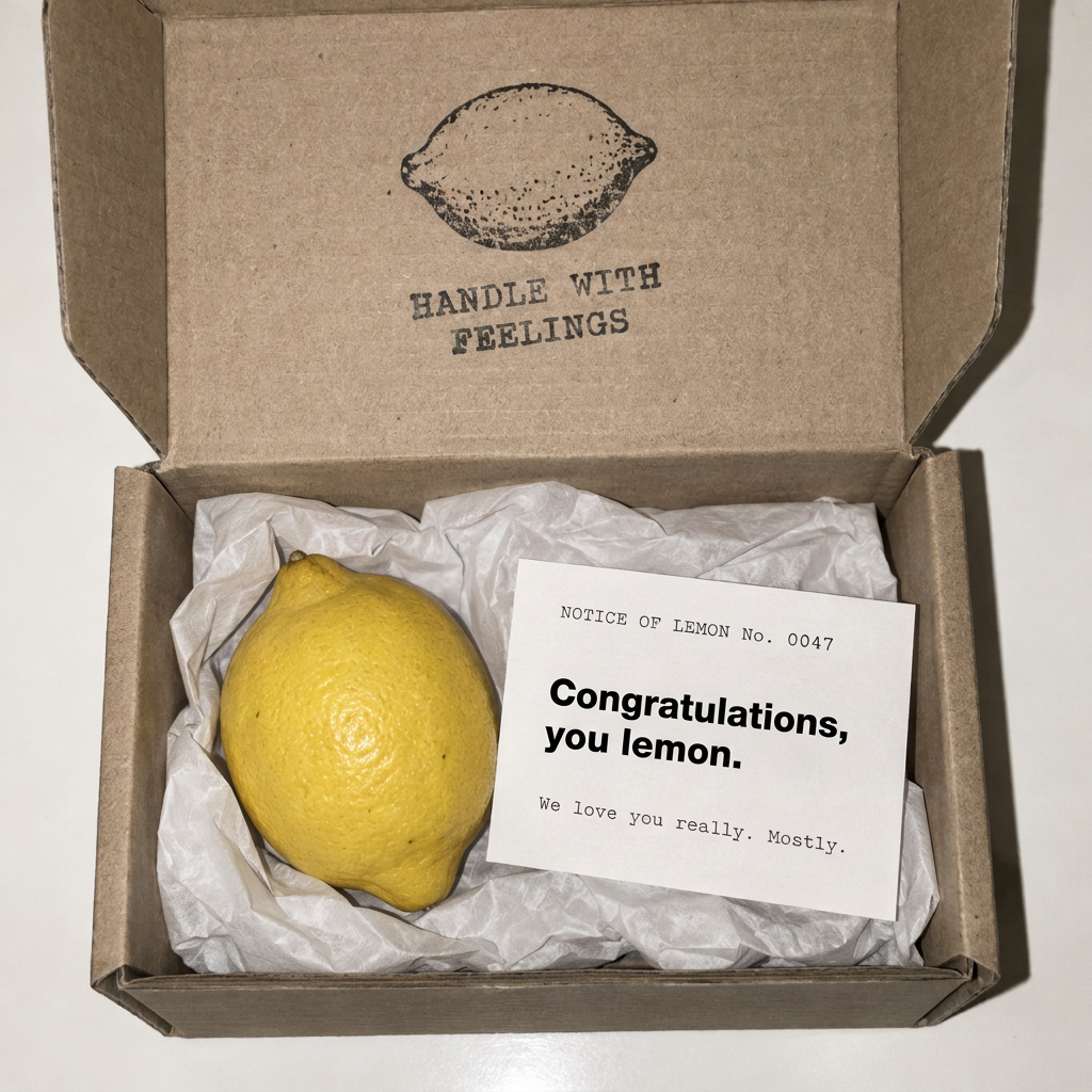 An opened kraft box with tissue paper, a lemon and the printed note